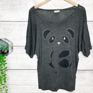 Charcoal Gray & Black Panda Face Slouchy Dolman T-Shirt Top Size Medium K-pop